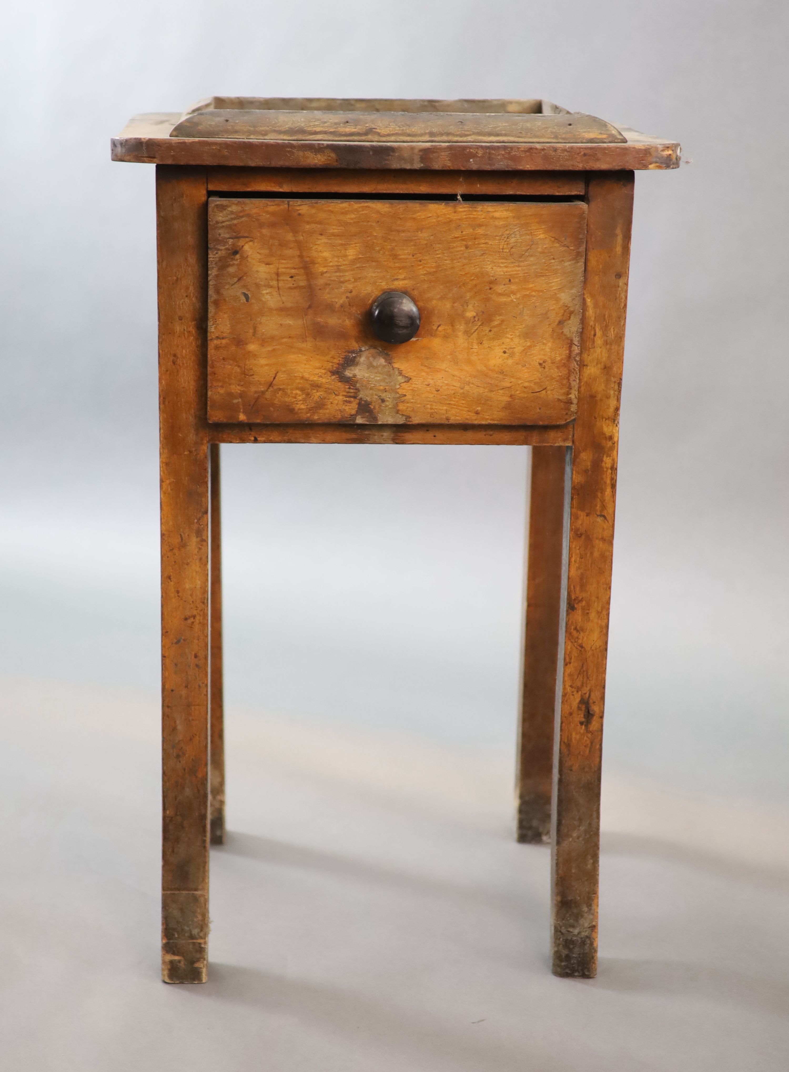 A Victorian mahogany book press table, lacking press, with one deep drawer, width 47cm depth 37cm height 78cm